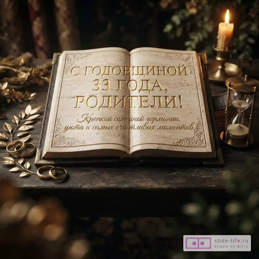 Открытая книга с золотыми буквами на бежевых страницах, на фоне темного дерева, свечи и песочных часов. Текст: «С годовщиной 33 года, родители! Крепкой семейной гармонии, уюта и самых счастливых моментов.»