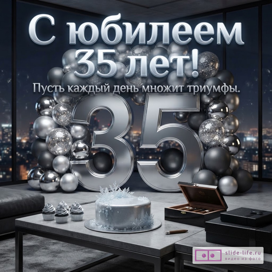 Объемная серебряная цифра 35 в окружении черных и хромированных шаров, на столе торт и сигары с надписью «С юбилеем 35 лет! Пусть каждый день множит триумфы.»