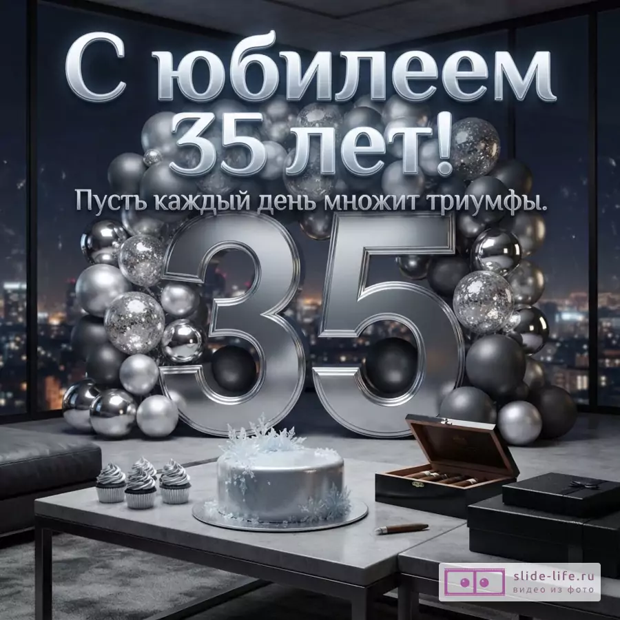 Объемная серебряная цифра 35 в окружении черных и хромированных шаров, на столе торт и сигары с надписью «С юбилеем 35 лет! Пусть каждый день множит триумфы.»