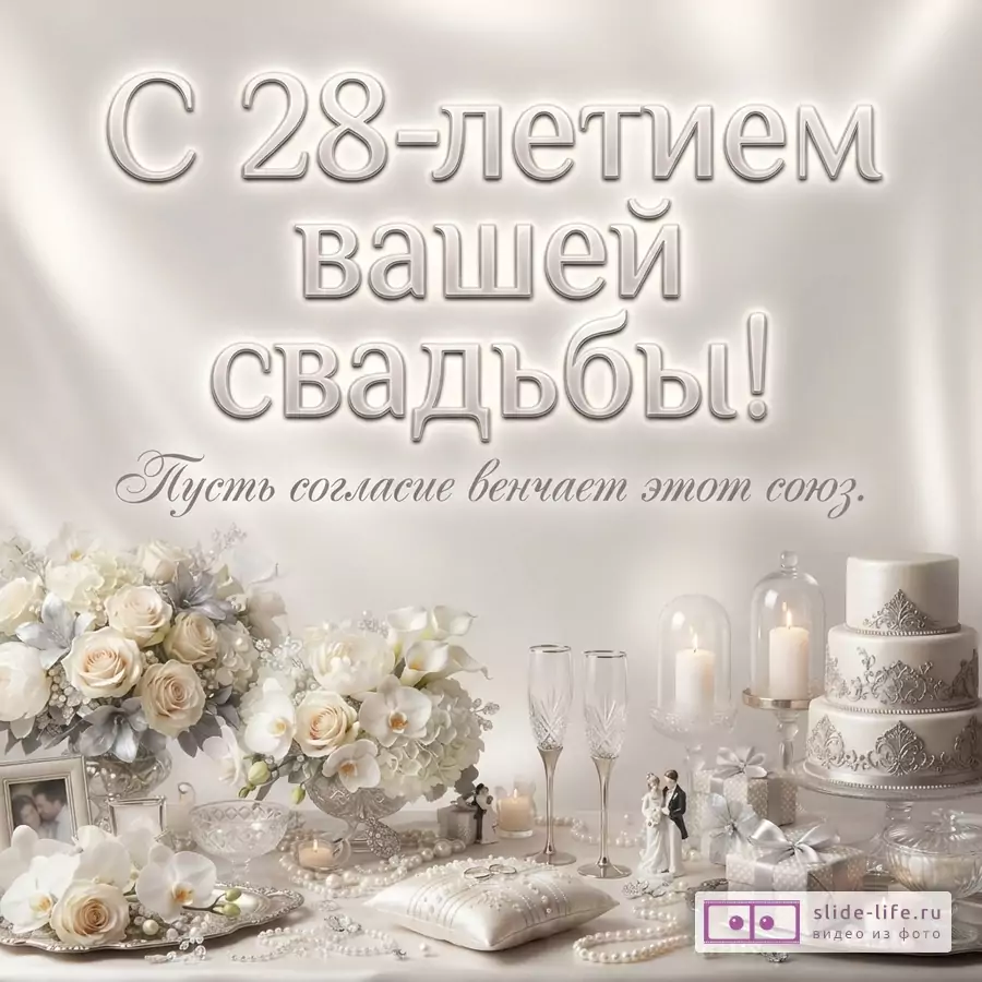 Светлый фон, сверху текст «С 28-летием вашей свадьбы! Пусть согласие венчает этот союз.». Внизу композиция из белых цветов, свечей, бокалов, свадебного торта, подарков и жемчужных бус.