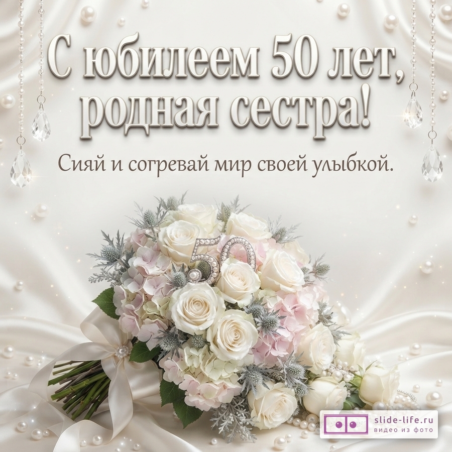 Открытка с белым фоном, жемчугом и хрустальными подвесками. В центре букет из белых и розовых роз, гортензий, с цифрой «50» из страз. Текст: «С юбилеем 50 лет, родная сестра! Сияй и согревай мир своей улыбкой.»