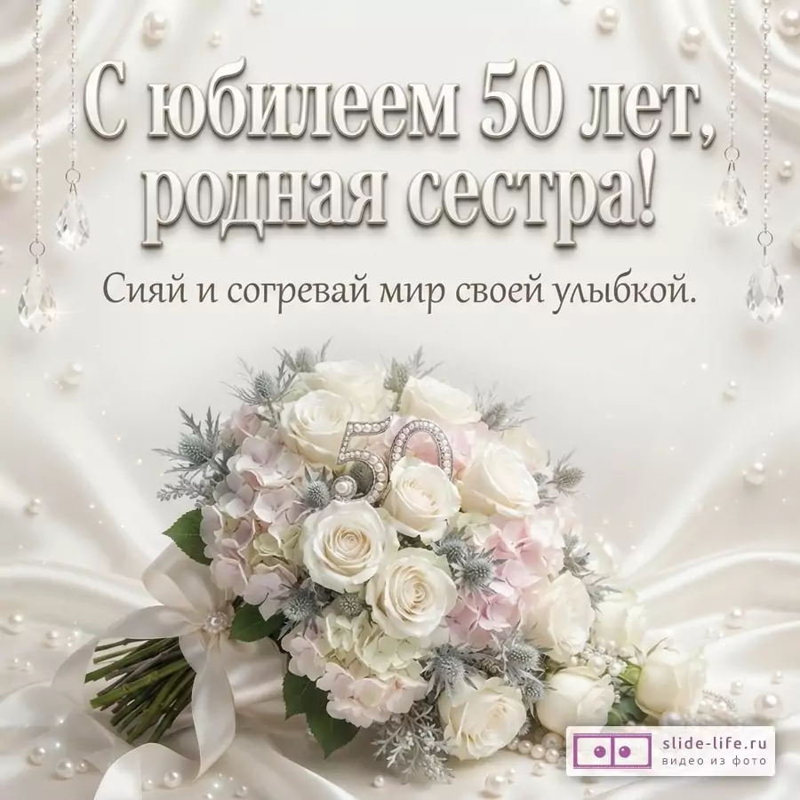 Открытка с белым фоном, жемчугом и хрустальными подвесками. В центре букет из белых и розовых роз, гортензий, с цифрой «50» из страз. Текст: «С юбилеем 50 лет, родная сестра! Сияй и согревай мир своей улыбкой.»