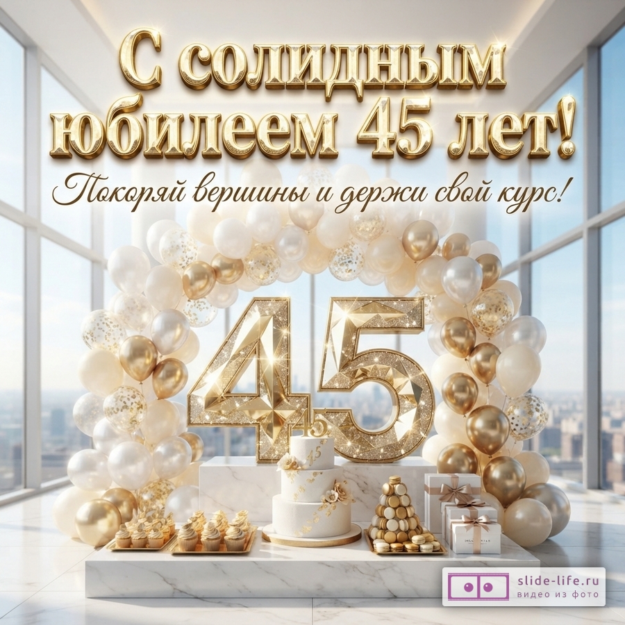 Открытка с золотыми буквами «С солидным юбилеем 45 лет! Покоряй вершины и держи свой курс!» на фоне панорамного окна, золотые шары, цифры 45, торт, пирожные, подарки.