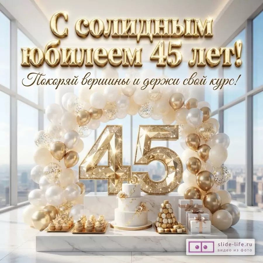 Открытка с золотыми буквами «С солидным юбилеем 45 лет! Покоряй вершины и держи свой курс!» на фоне панорамного окна, золотые шары, цифры 45, торт, пирожные, подарки.