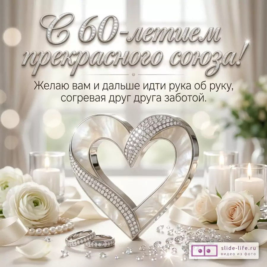 Открытка к годовщине свадьбы 60 лет, светлый бежево-белый фон, шторы, белые розы, свечи, жемчуг, кольца, стразы, сердце из колец, текст «С 60-летием прекрасного союза! Желаю вам и дальше идти рука об руку, согревая друг друга заботой.»