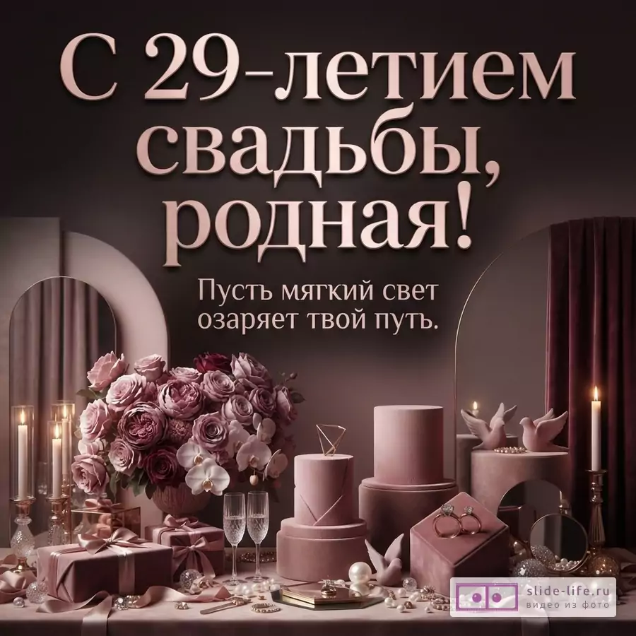 Розово-бежевый фон, крупный розовый текст «С 29-летием свадьбы, родная!», ниже текст «Пусть мягкий свет озаряет твой путь.», цветы, свечи, подарки, декор.