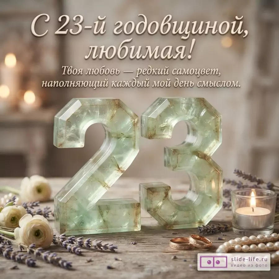 Объемное число 23 из светло-зеленого камня на деревянном столе со свечами, кольцами и цветами, надпись: «С 23-й годовщиной, любимая! Твоя любовь — редкий самоцвет, наполняющий каждый мой день смыслом.»