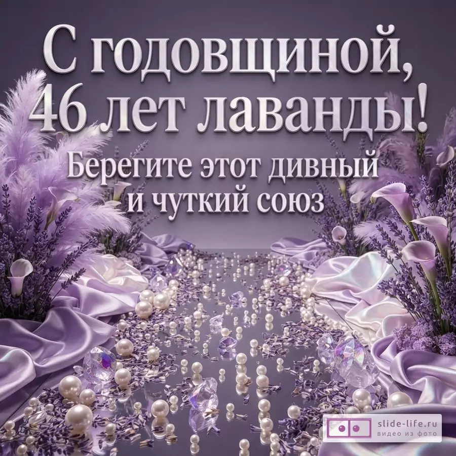Фиолетовый фон, лаванда, жемчуг, кристаллы, атласные ленты. Текст: «С годовщиной, 46 лет лаванды! Берегите этот дивный и чуткий союз»