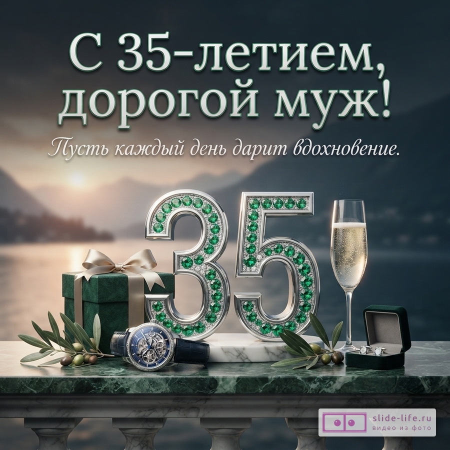 Инкрустированная изумрудами цифра 35, часы, бокал шампанского и подарок на мраморном парапете у озера, надпись: «С 35-летием, дорогой муж! Пусть каждый день дарит вдохновение.»