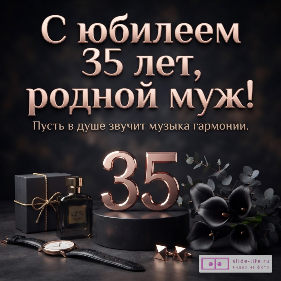Тёмный фон, розово-золотистые надписи «С юбилеем 35 лет, родной муж!» и «Пусть в душе звучит музыка гармонии», цифра 35, подарок, парфюм, часы и чёрные цветы.