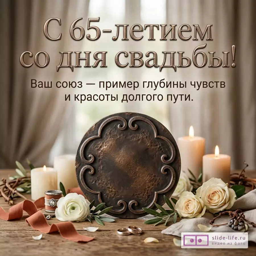 Текст «С 65-летием со дня свадьбы! Ваш союз — пример глубины чувств и красоты долгого пути.», бежевый размытый фон, декоративная тарелка, свечи, белые розы, кольца на деревянном столе