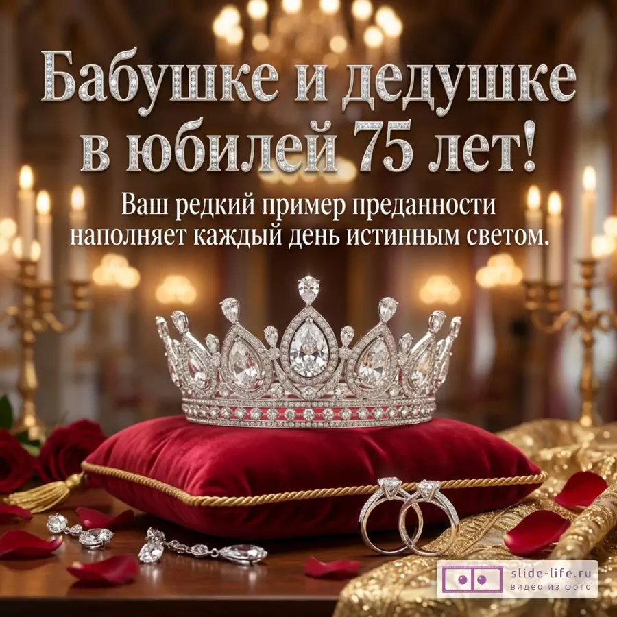 Бриллиантовая корона на красной бархатной подушке, обручальные кольца, свечи и надпись «Бабушке и дедушке в юбилей 75 лет! Ваш редкий пример преданности наполняет каждый день истинным светом.»