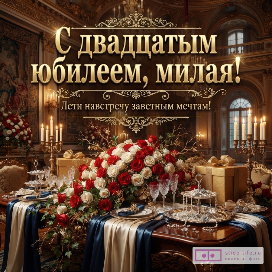 Открытка с текстом «С двадцатым юбилеем, милая! Лети навстречу заветным мечтам!», интерьер в коричнево-золотых тонах, розы, свечи и подарки