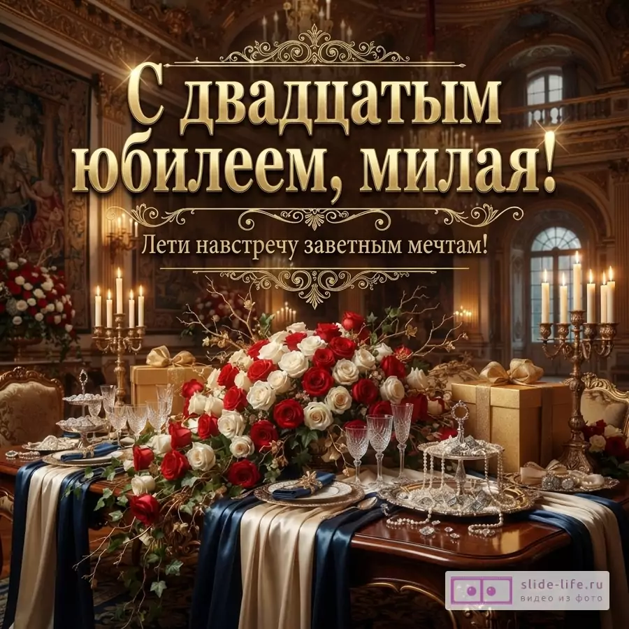 Открытка с текстом «С двадцатым юбилеем, милая! Лети навстречу заветным мечтам!», интерьер в коричнево-золотых тонах, розы, свечи и подарки