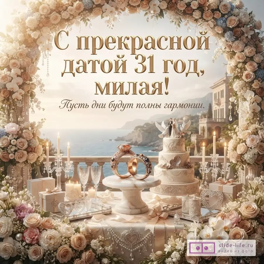 Бежево-золотая свадебная открытка с цветочной аркой, морским пейзажем, тортом, кольцами и текстом «С прекрасной датой 31 год, милая! Пусть дни будут полны гармонии.»
