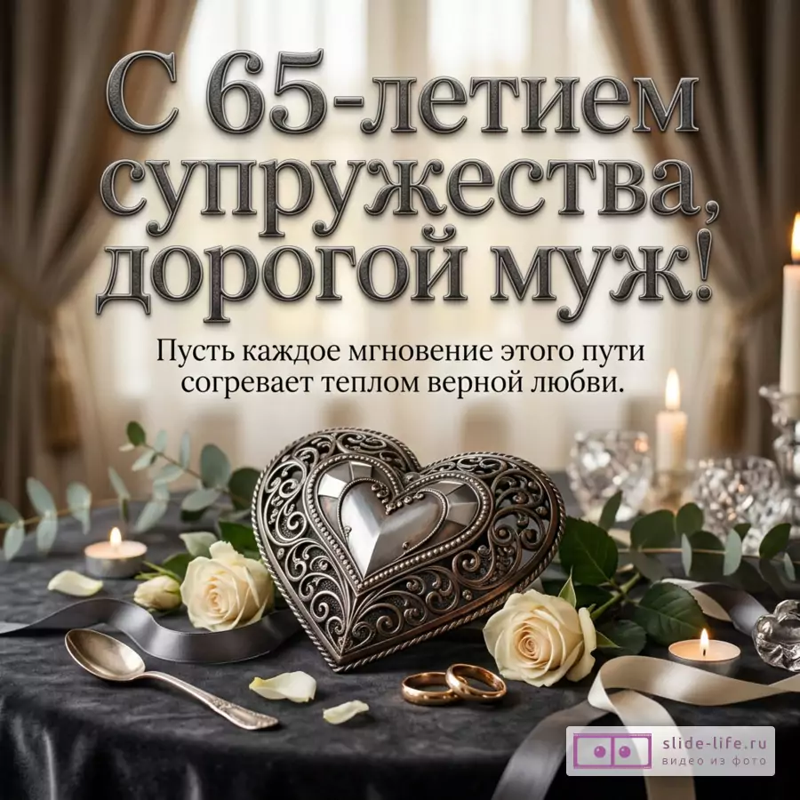 Открытка с текстом «С 65-летием супружества, дорогой муж! Пусть каждое мгновение этого пути согревает теплом верной любви.», бежевые шторы, свечи, розы, кольца, декоративное сердце на столе