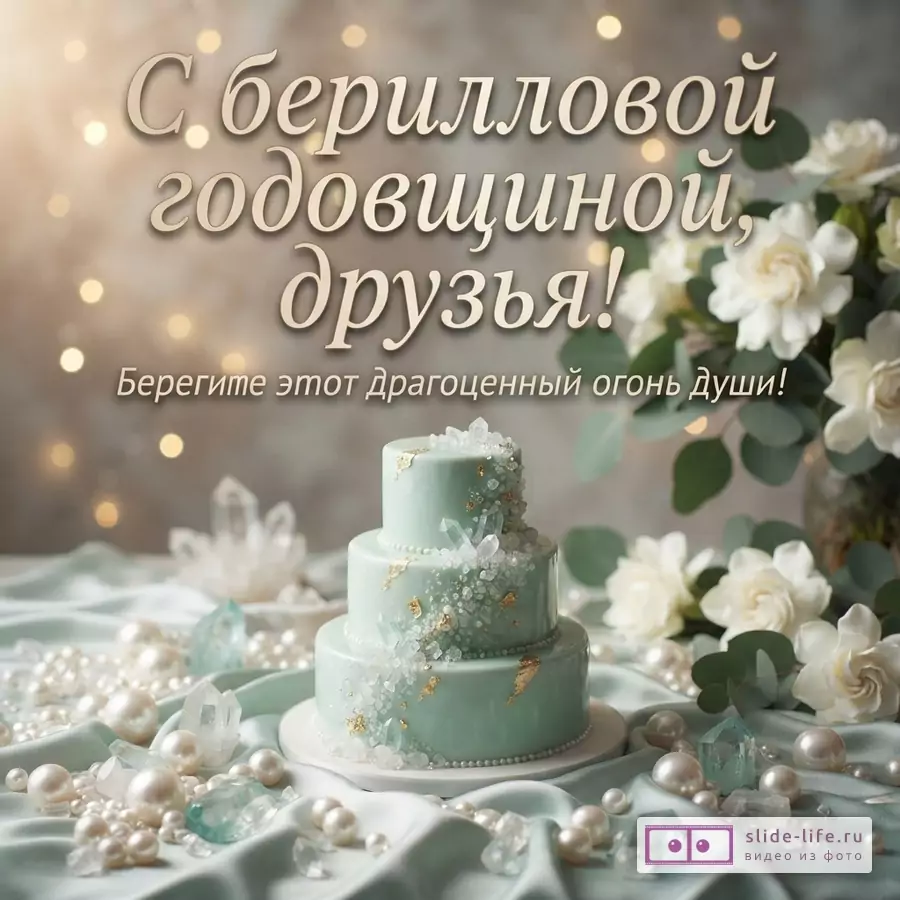 «С бериллиевой годовщиной, друзья! Берегите этот драгоценный огонь души!» Открытка с мятным тортом, кристаллами, жемчугом и белыми цветами на серо-зелёном фоне.