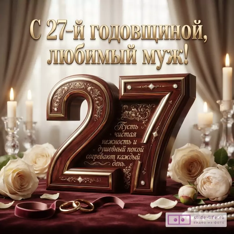 Открытка с золотыми буквами на бежевом фоне. На переднем плане объемные цифры 27 из дерева с золотыми вставками. Рядом белые розы, обручальные кольца, жемчужное ожерелье. Текст: «С 27-й годовщиной, любимый муж! Пусть чистая нежность и душевный покой согревают каждый день.»