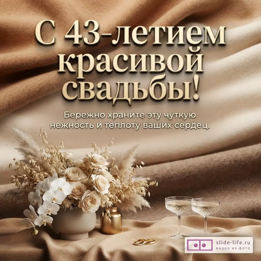 Фон из бежевой и коричневой ткани. Внизу слева ваза с цветами и сухоцветами, справа два бокала с шампанским и два золотых кольца. Текст «С 43-летием красивой свадьбы! Бережно храните эту чуткую нежность и теплоту ваших сердец.»