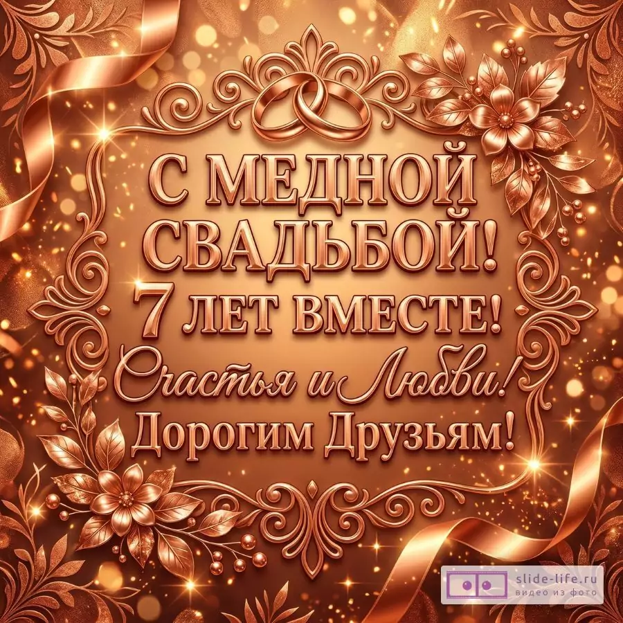 С Медной свадьбой! Красивая открытка друзьям на 7 лет свадьбы с поздравлением