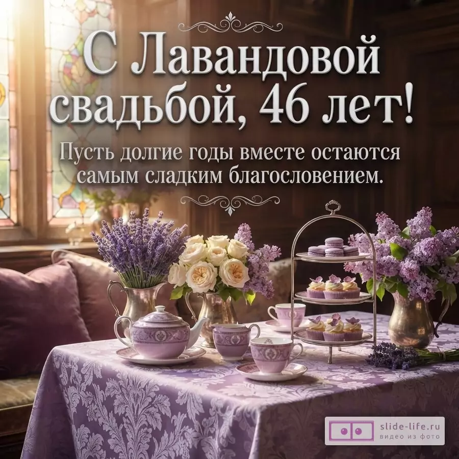 Стол с лавандовой скатертью, чайным сервизом, цветами лаванды и сирени, пирожными. Текст: «С Лавандовой свадьбой, 46 лет! Пусть долгие годы вместе остаются самым сладким благословением.»