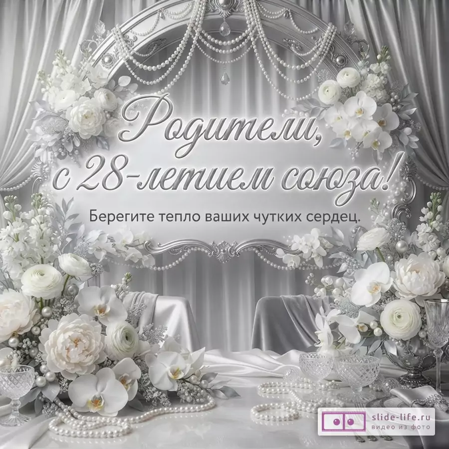 Серебристый фон, белые цветы, жемчужные бусы, серебряная рамка. Текст: «Родители, с 28-летием союза! Берегите тепло ваших чутких сердец.»