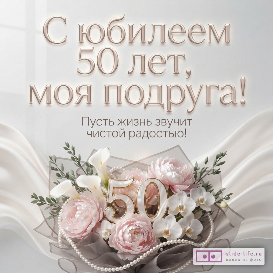 Открытка с белым фоном, бежевыми буквами и букетом цветов. В букете белые каллы, розовые пионы, белые орхидеи, зеленые листья, жемчужные бусы и цифры «50». Текст: «С юбилеем 50 лет, моя подруга! Пусть жизнь звучит чистой радостью!»