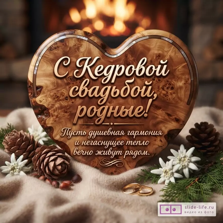Открытка в форме сердца из кедрового дерева на бежевом пледе, на фоне камина, с шишками, цветами и обручальными кольцами. Текст: «С Кедровой свадьбой, родные! Пусть душевная гармония и негаснущее тепло вечно живут рядом.»