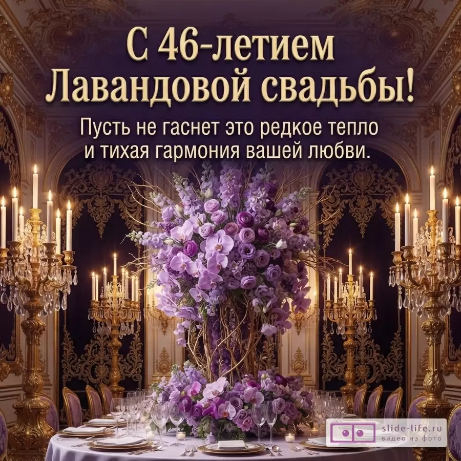 Фиолетовый фон, золотые узоры, на переднем плане стол с белой скатертью, сервировкой, свечами и большой цветочной композицией из сиреневых и фиолетовых цветов. Текст: «С 46-летием Лавандовой свадьбы! Пусть не гаснет это редкое тепло и тихая гармония вашей любви.»