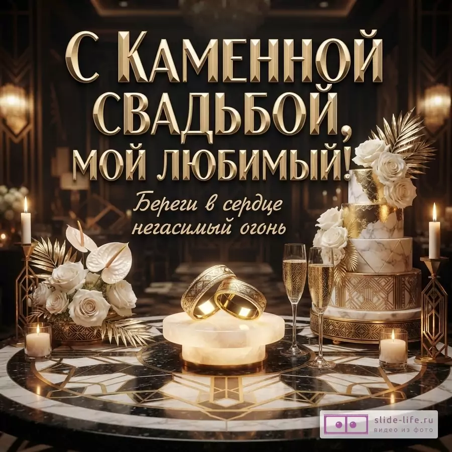 Черный фон, золотые буквы, золотой торт, золотые кольца, свечи. Текст: «С Каменной свадьбой, мой любимый! Береги в сердце негасимый огонь»