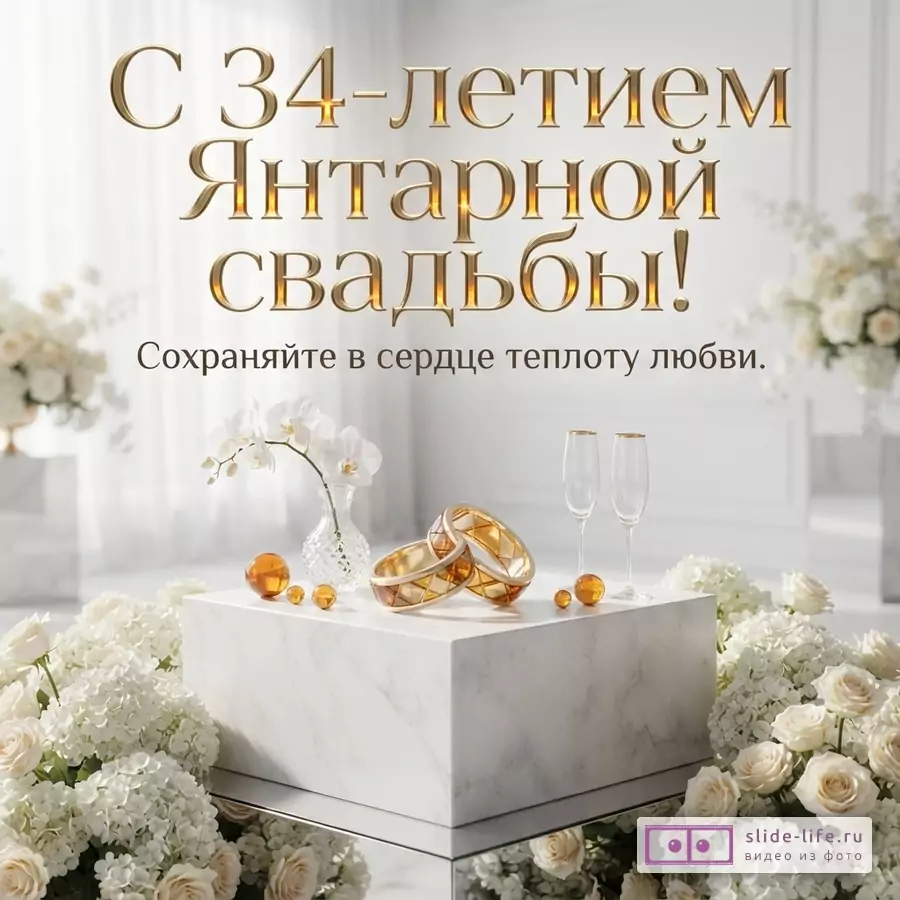 Белый фон, золотые буквы, белые цветы, два янтарных браслета, две янтарные сферы, два бокала шампанского. Надпись «С 34-летием Янтарной свадьбы!» и «Сохраняйте в сердце теплоту любви»