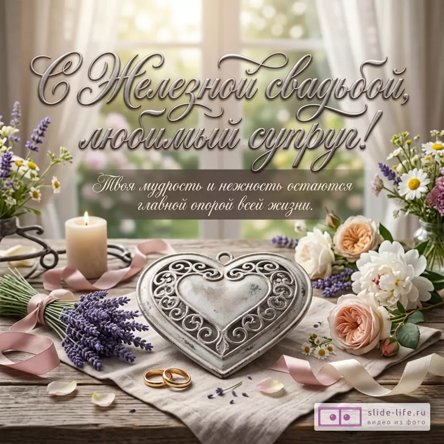 Открытка с окном и светлыми шторами, деревянный стол, свеча, лаванда, розы, белые цветы, ленты, обручальные кольца, декоративное сердце, текст «С Железной свадьбой, любимый супруг! Твоя мудрость и нежность остаются главной опорой всей жизни.»