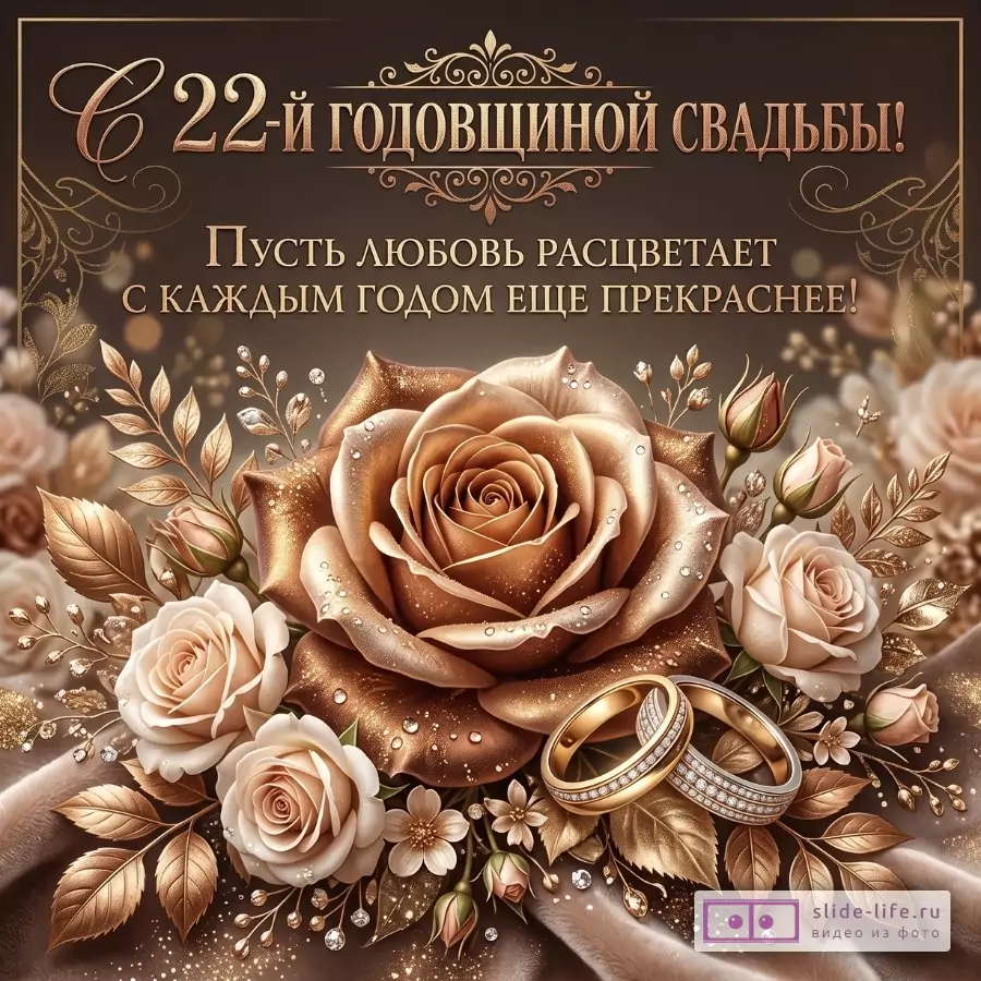 Темно-коричневый фон, бронзовая роза, белые розы, золотые листья и обручальные кольца. Текст: «С 22-й годовщиной свадьбы! Пусть любовь расцветает с каждым годом еще прекраснее!»