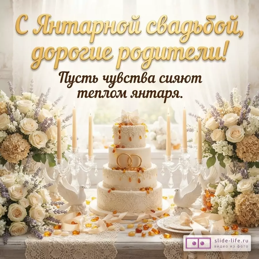 Белый фон, свадебный торт, цветы, свечи. Надпись «С Янтарной свадьбой, дорогие родители! Пусть чувства сияют теплом янтаря.»