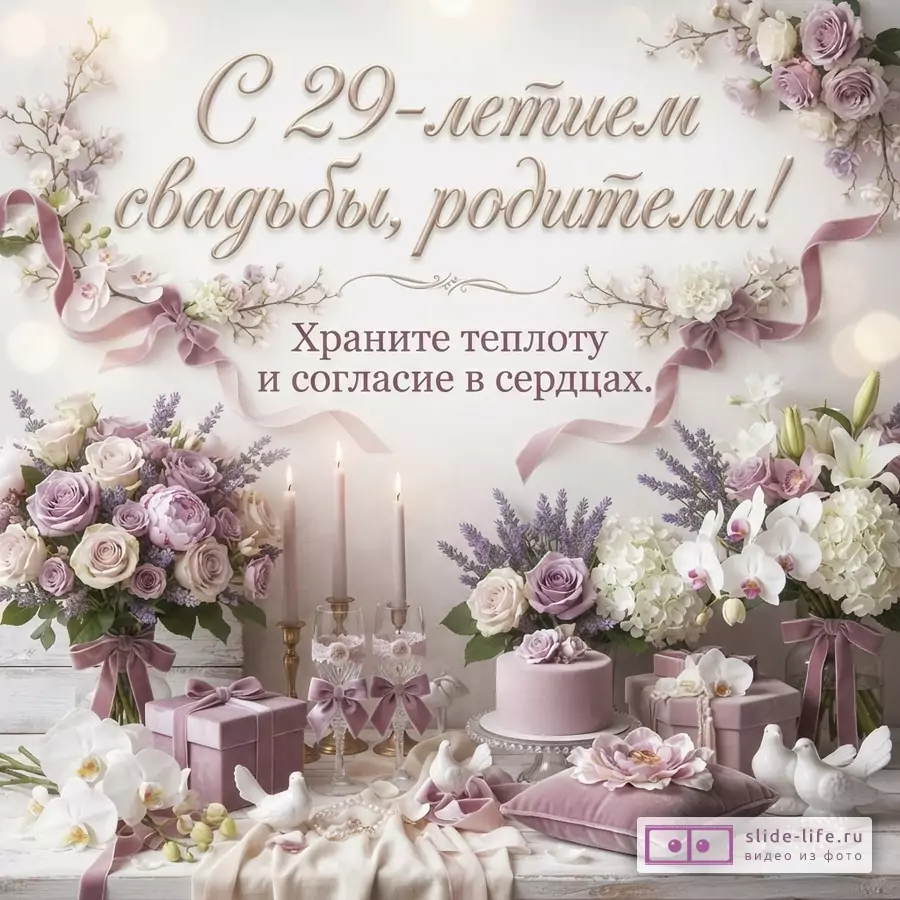 Белый фон, сверху и по бокам цветочные композиции с розовыми и белыми цветами, зеленью, лентами. В центре надпись «С 29-летием свадьбы, родители! Храните теплоту и согласие в сердцах.». Внизу столик с цветами, свечами, подарками, тортом, подушкой, голубями.