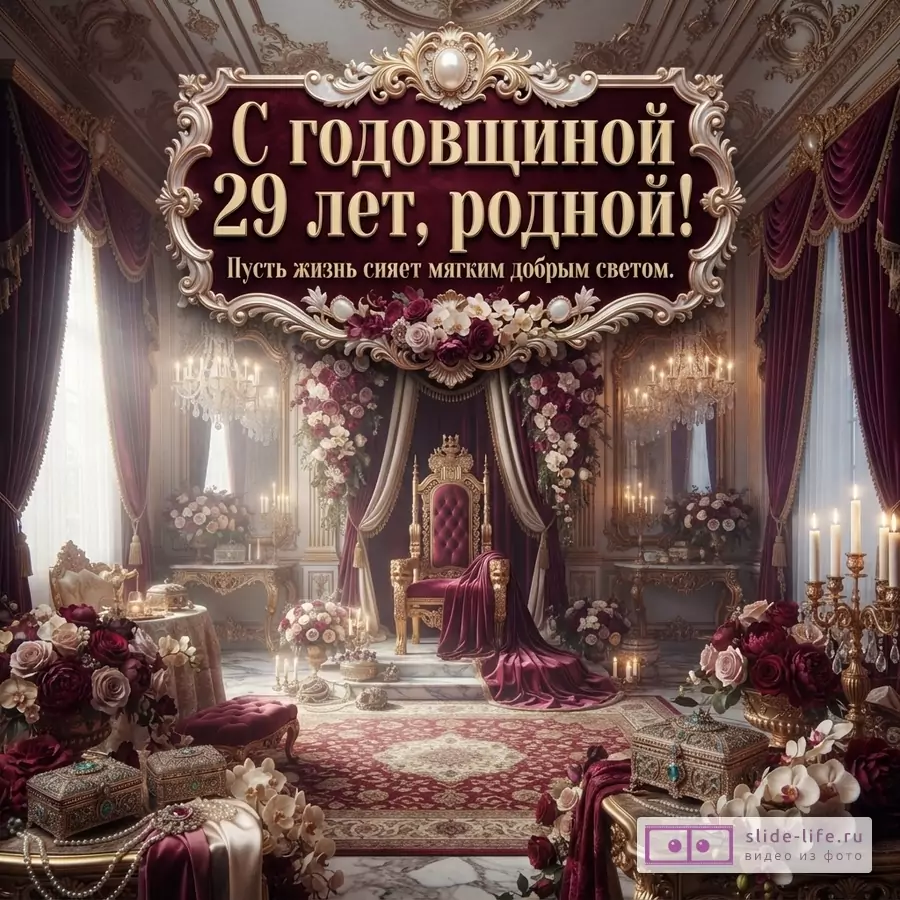Открытка с бордовым фоном и золотой рамкой, внутри текст «С годовщиной 29 лет, родной! Пусть жизнь сияет мягким добрым светом.».