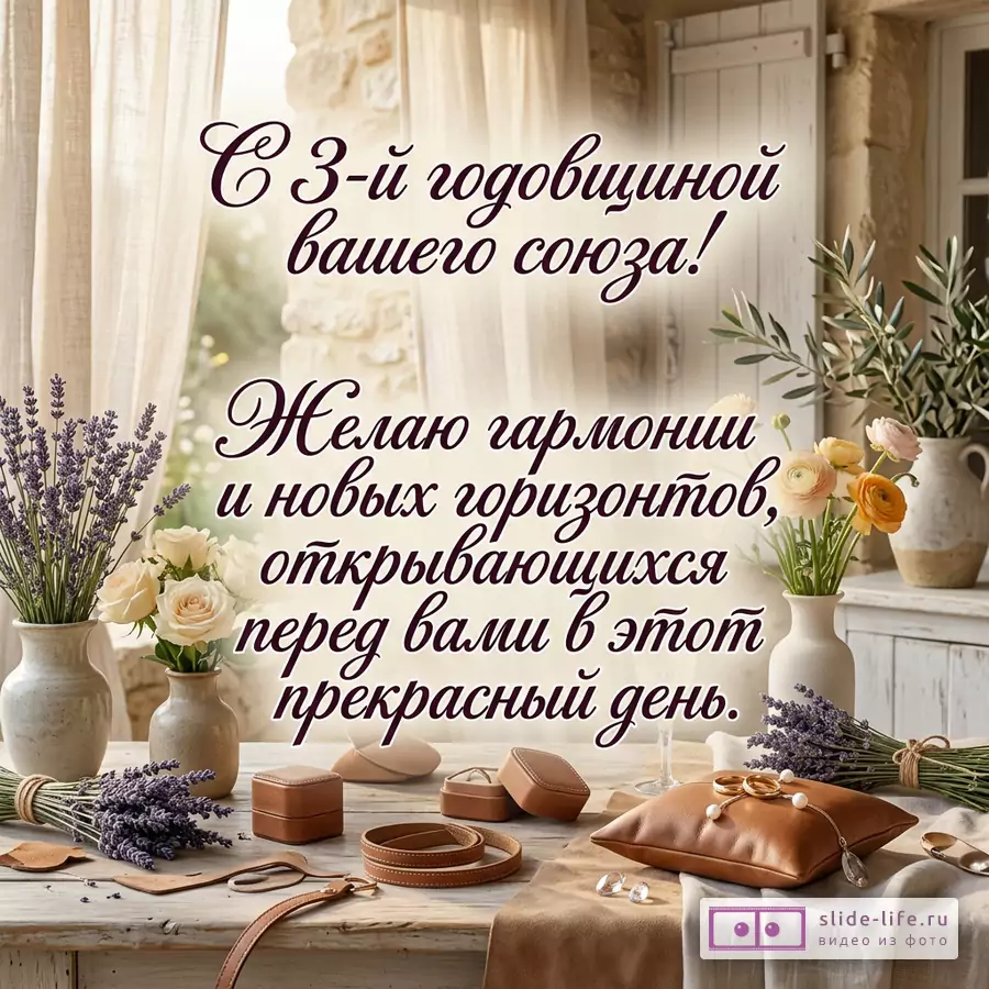 Бежевый интерьер с льняными шторами, лавандой, розами и кожаными аксессуарами. Текст: «С 3-й годовщиной вашего союза! Желаю гармонии и новых горизонтов, открывающихся перед вами в этот прекрасный день.»