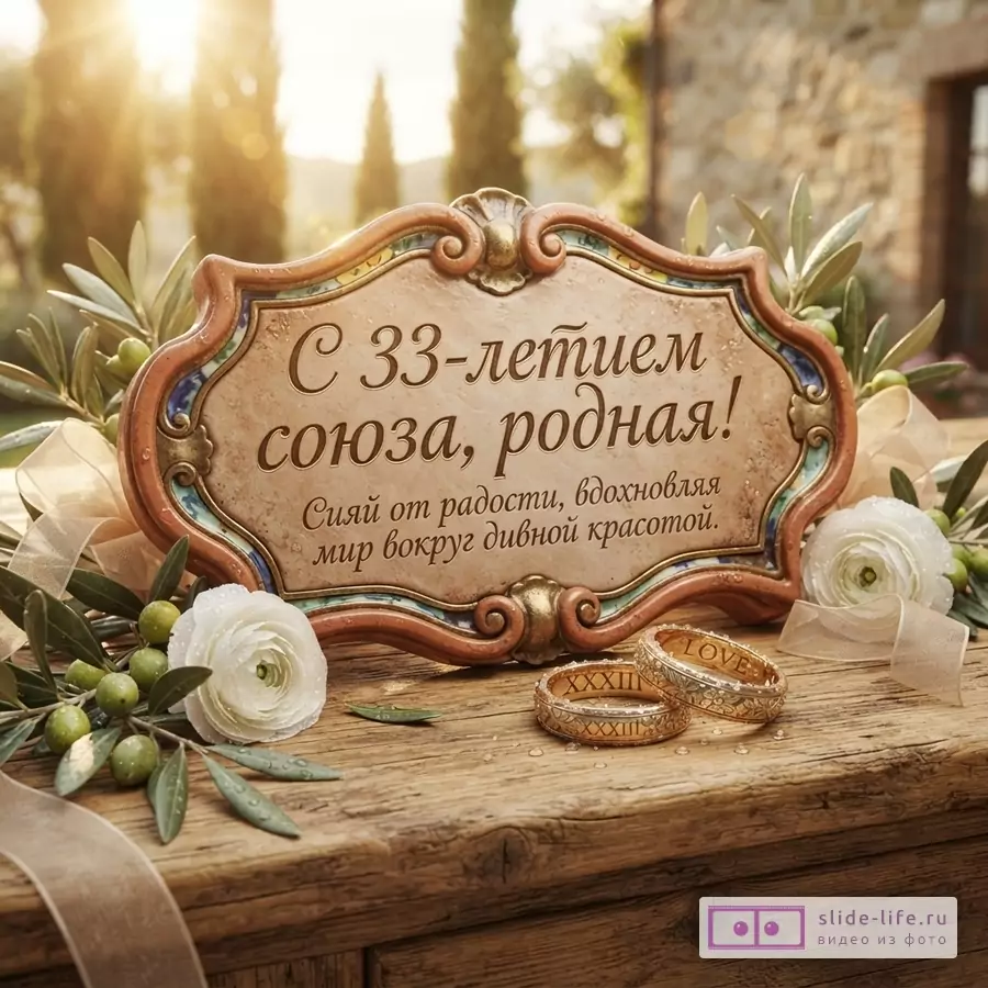 Открытка на деревянном столе с оливковыми ветками, белыми цветами и двумя золотыми кольцами. Фон размытый, солнечный. Текст: «С 33-летием союза, родная! Сияй от радости, вдохновляя мир вокруг дивной красотой.»