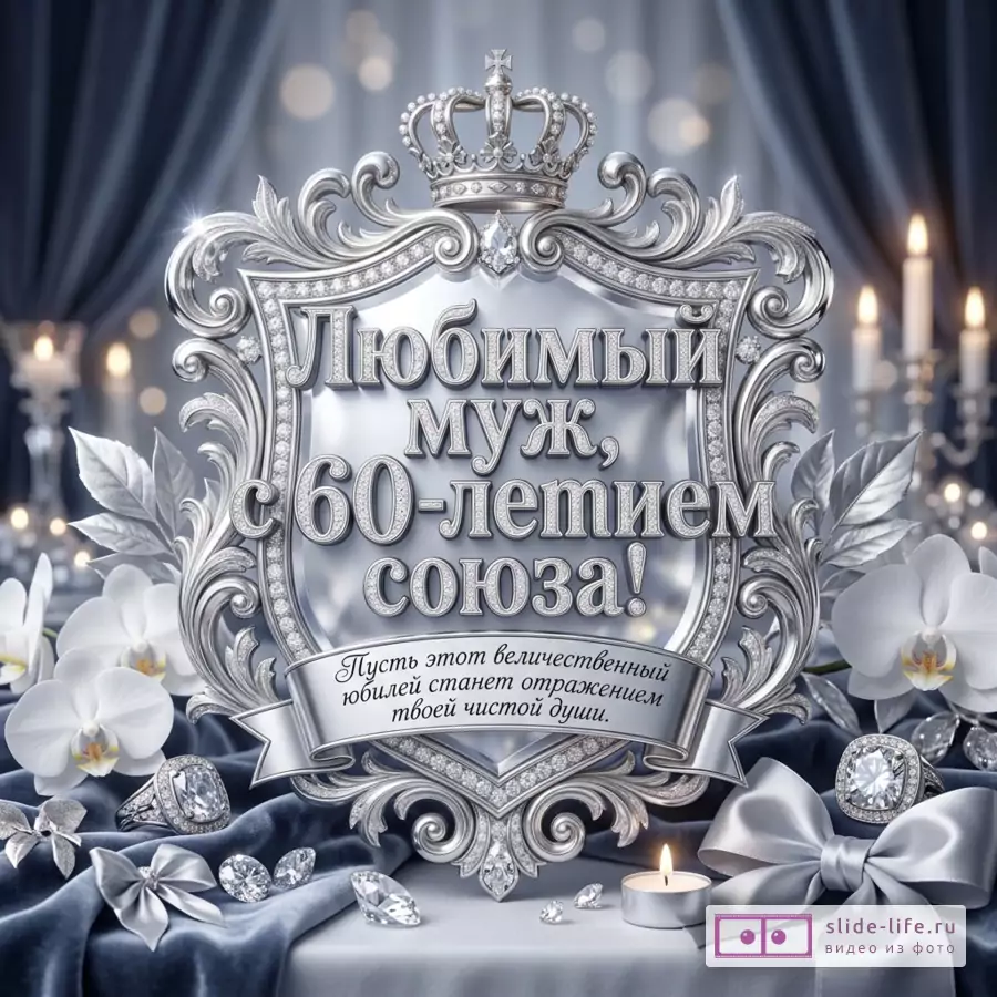 Серебристая открытка с короной, декоративной рамой, белыми орхидеями, свечами, бантами и драгоценными камнями, текст «Любимый муж, с 60-летием союза! Пусть этот величественный юбилей станет отражением твоей чистой души.»