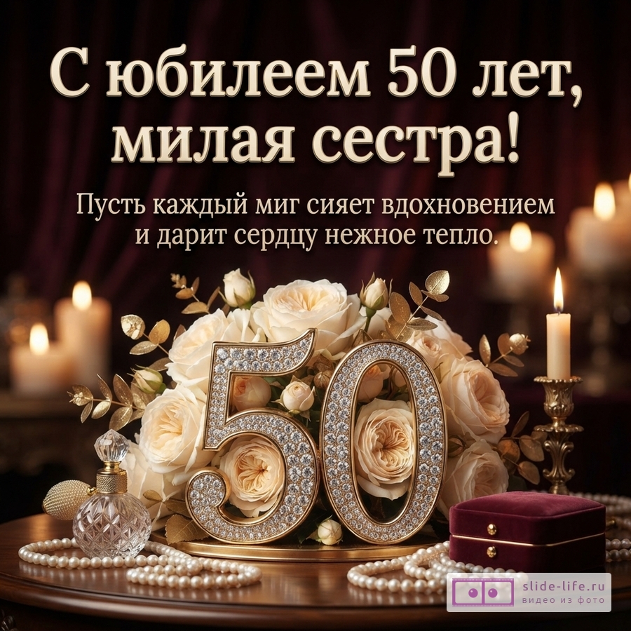 Открытка с бордовым фоном, свечами, букетом кремовых роз, жемчугом, флаконом духов и цифрой «50» из страз. Текст: «С юбилеем 50 лет, милая сестра! Пусть каждый миг сияет вдохновением и дарит сердцу нежное тепло.»