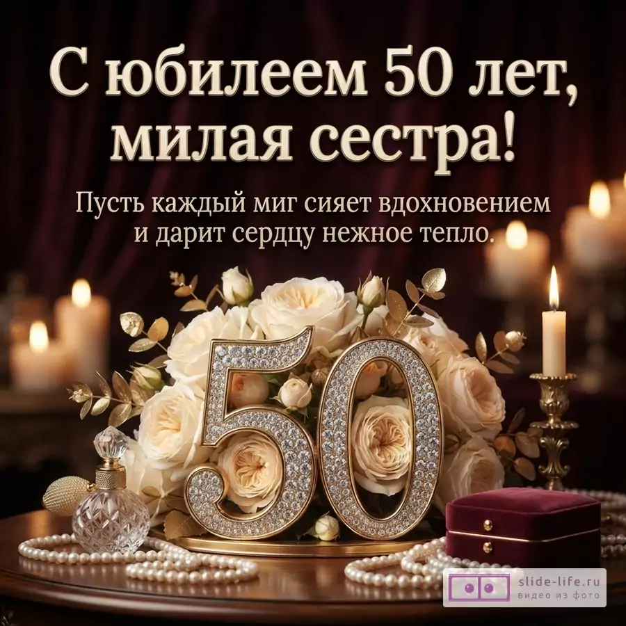Открытка с бордовым фоном, свечами, букетом кремовых роз, жемчугом, флаконом духов и цифрой «50» из страз. Текст: «С юбилеем 50 лет, милая сестра! Пусть каждый миг сияет вдохновением и дарит сердцу нежное тепло.»