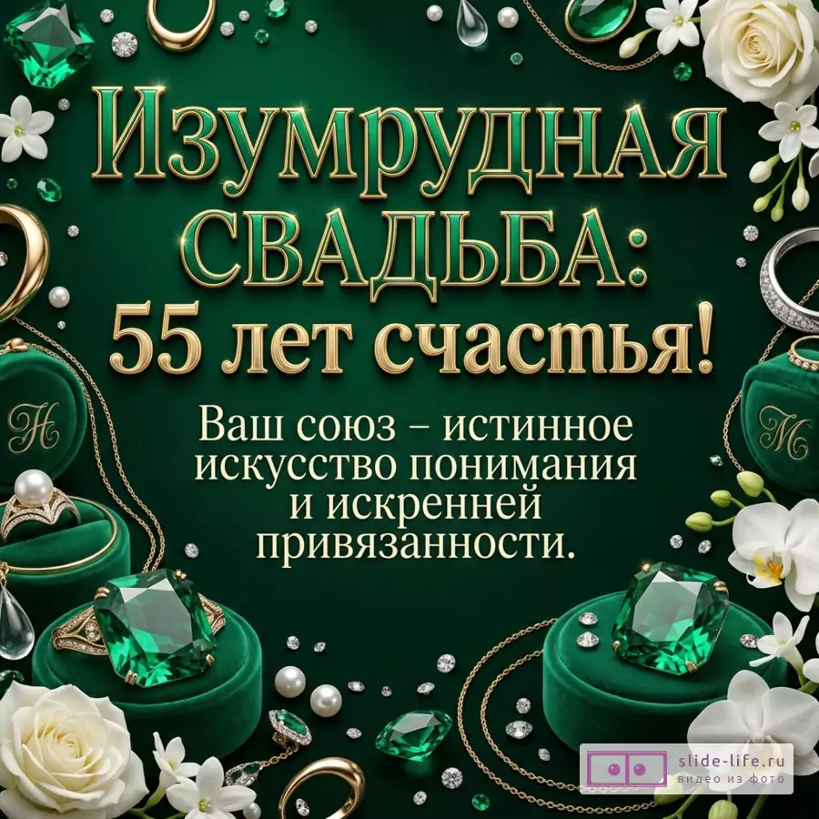 Открытка с темно-зеленым фоном, золотым текстом «Изумрудная СВАДЬБА: 55 лет счастья! Ваш союз – истинное искусство понимания и искренней привязанности.», изумрудами, кольцами, жемчугом, белыми розами и орхидеями