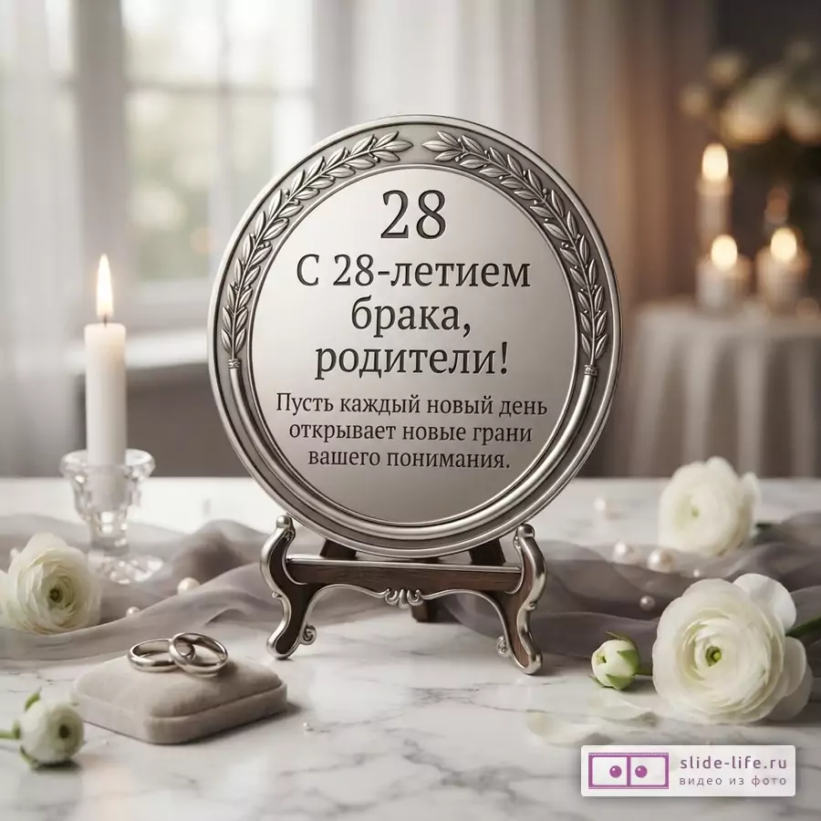 Серебряная круглая рамка с цифрой «28» и текстом «С 28-летием брака, родители! Пусть каждый новый день открывает новые грани вашего понимания.» на мраморном столе с белыми цветами и свечой.