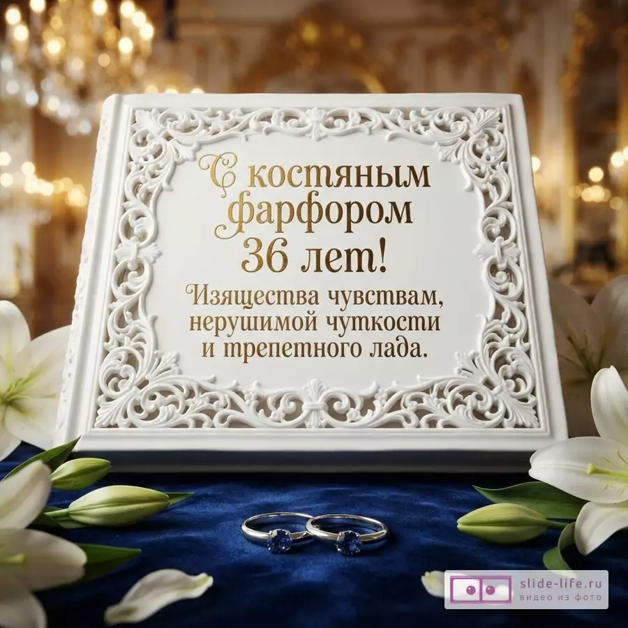 Белая рамка с золотым текстом на фоне размытых огней, внизу два кольца с синими камнями на синей ткани, белые лилии. Текст: «С костяным фарфором 36 лет! Изящества чувствам, нерушимой чуткости и трепетного лада.»