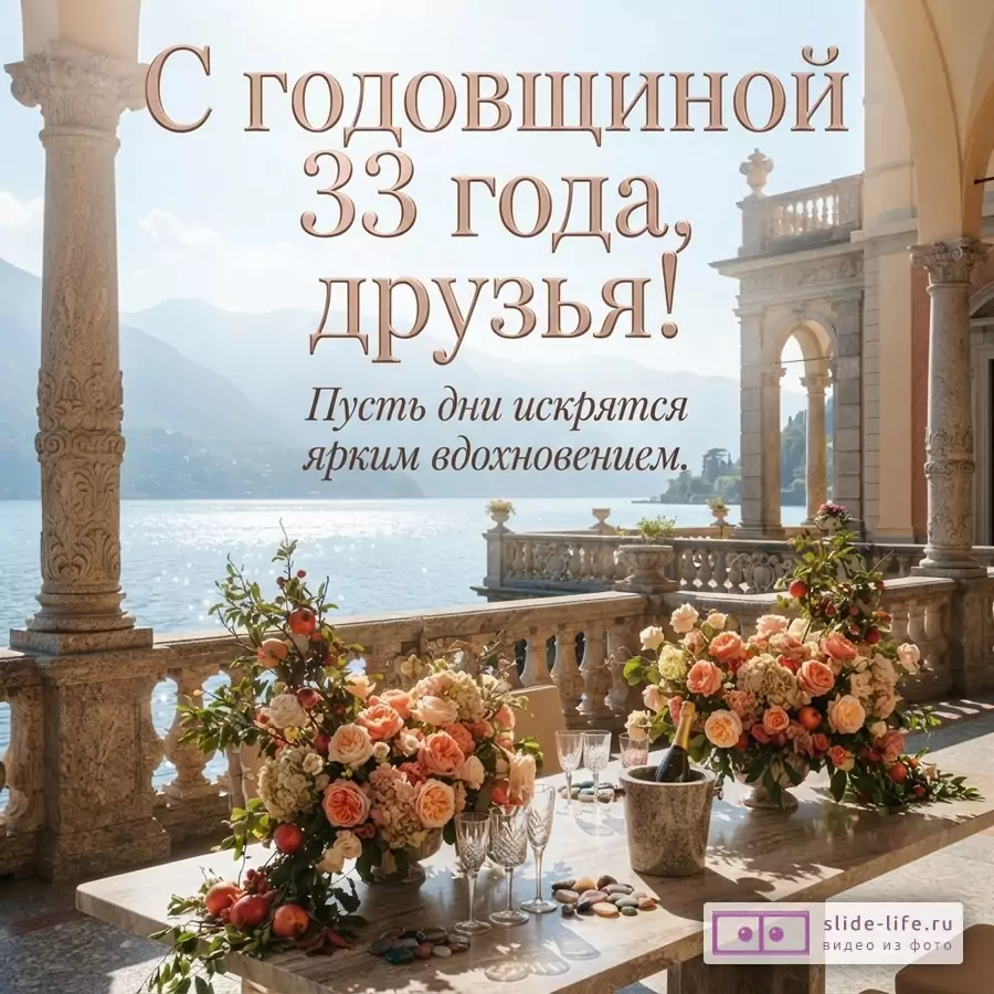 Открытка с видом на озеро и горы, на переднем плане мраморный стол с цветочными композициями, бокалами и шампанским. Текст: «С годовщиной 33 года, друзья! Пусть дни искрятся ярким вдохновением.»