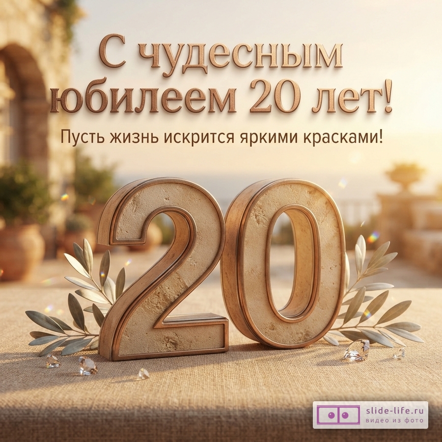 Открытка с бежевым фоном, на котором сверху текст «С чудесным юбилеем 20 лет! Пусть жизнь искрится яркими красками!». Внизу крупные объемные цифры 20 песочного цвета с золотистым ободком, рядом оливковые ветви и кристаллы.