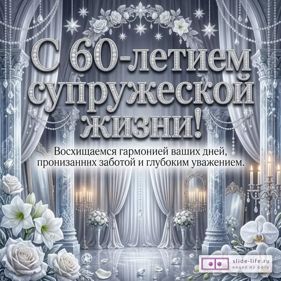 Серебристо-серая открытка с колоннами, шторами, подвесными кристаллами, звездами, белыми розами, лилиями, орхидеями и свечами, текст «С 60-летием супружеской жизни! Восхищаемся гармонией ваших дней, пронизанных заботой и глубоким уважением.»