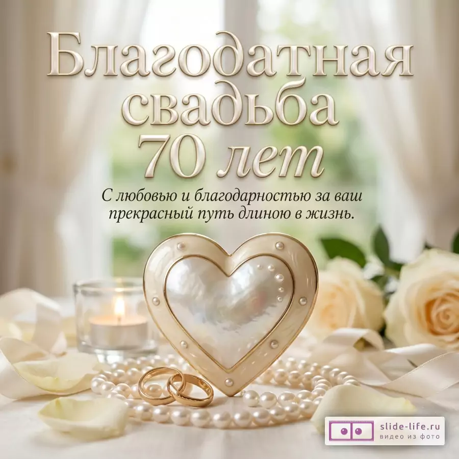 Светлый размытый фон с шторами, бело-золотой текст «Благодатная свадьба 70 лет С любовью и благодарностью за ваш прекрасный путь длиною в жизнь.», сердце, кольца, жемчуг, свеча, розы