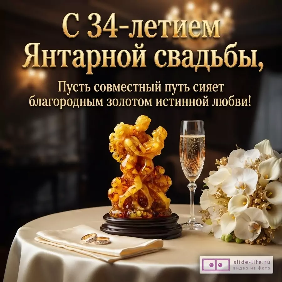 Темный фон, золотой текст, янтарная статуэтка пары, бокал шампанского, букет белых цветов, обручальные кольца. Текст: «С 34-летием Янтарной свадьбы, Пусть совместный путь сияет благородным золотом истинной любви!»