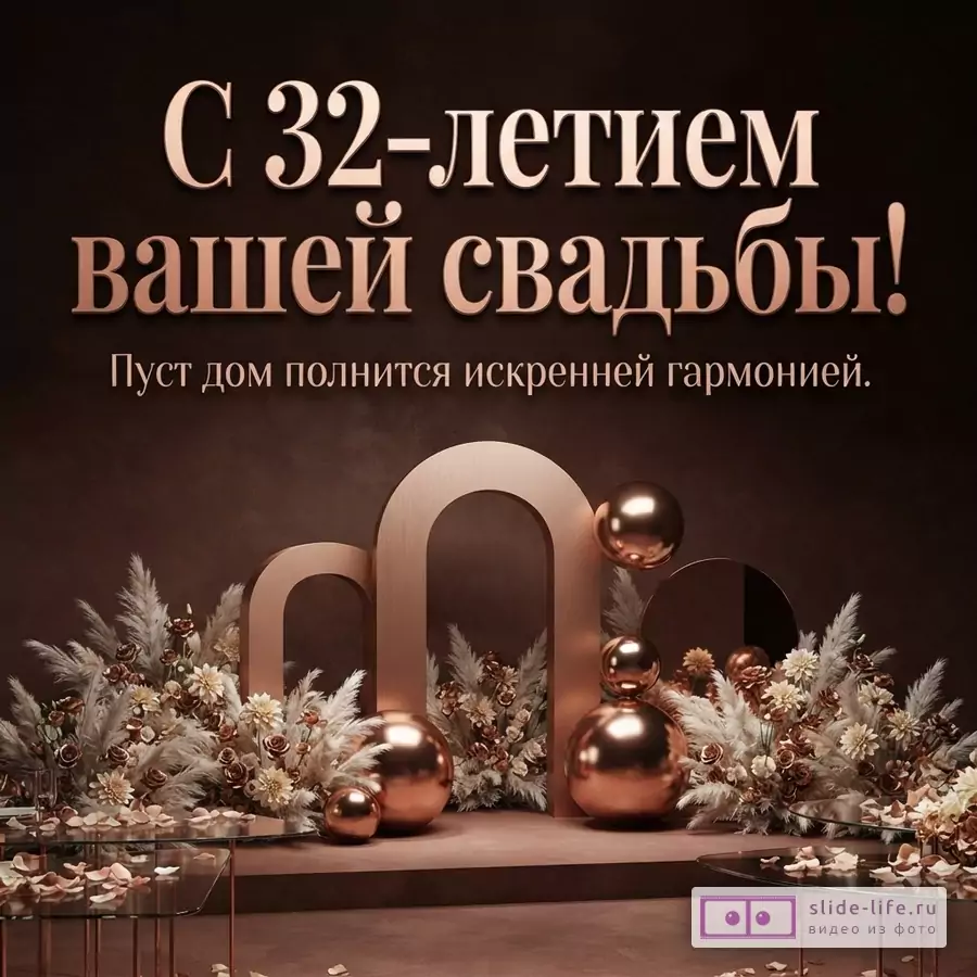 Темно-коричневый фон, золотистые буквы, золотистые арки, шары, цветы и листья. Текст: «С 32-летием вашей свадьбы! Пусть дом полнится искренней гармонией.»